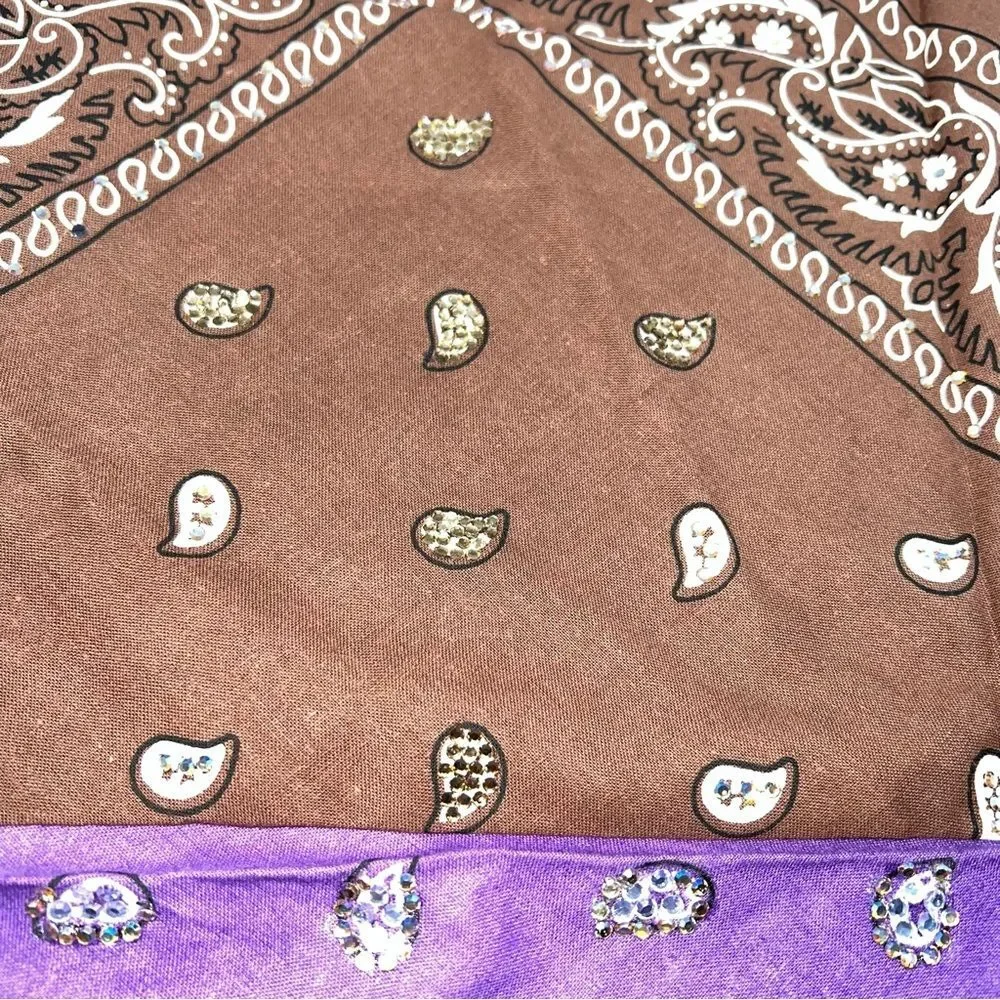 Vintage Lot of 2 Brown and Purple Bandanas/Scarfs Embellished w/Rhinestone